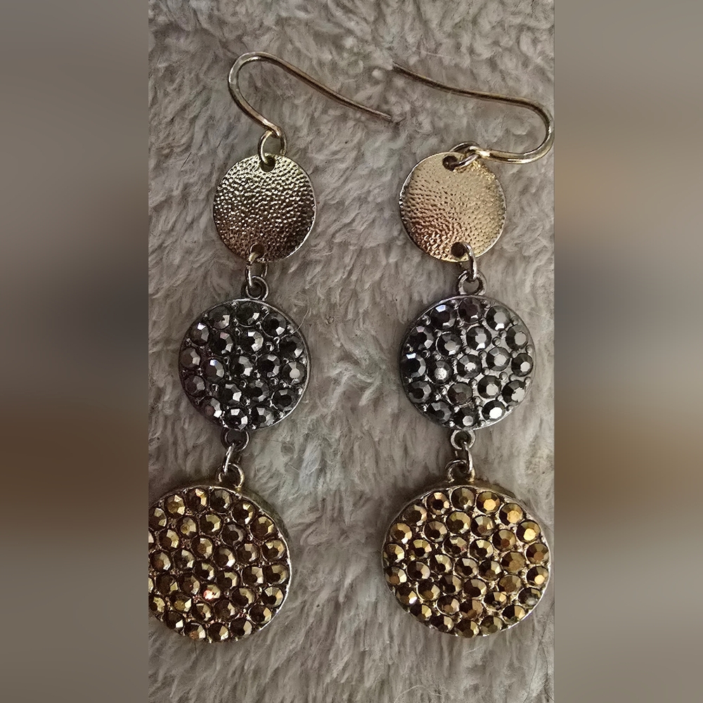 3 Pave Disc Black, Goldtone Drop Earrings Appox. 2-1/4"drop